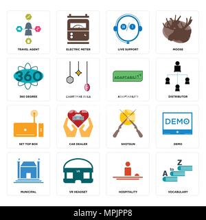 16 Einfache editierbare Symbole wie Wortschatz, Gastfreundschaft, VR-Headset, kommunale, Demo, Reisebüro, 360 Grad, Set Top Box, Anpassungsfähigkeit können Stock Vektor