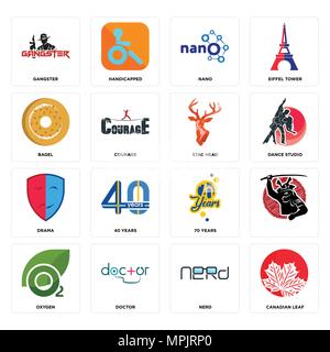 16 Einfache editierbare Ikonen wie kanadische Blatt, Nerd, Arzt, Sauerstoff, Gangster, Bagel, Drama, Hirsch Kopf kann für mobile verwendet werden, die Web-UI Stock Vektor