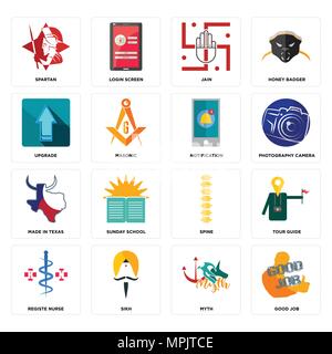 16 Einfache editierbare Ikonen wie gute Arbeit, Mythos, Sikh, registe Krankenschwester, Reiseführer, Spartan, Upgrade, in Texas, die Benachrichtigung kann verwendet werden für Stock Vektor