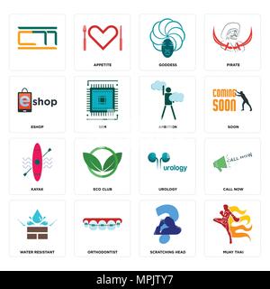 16 Einfache editierbare Ikonen wie Muay Thai, kratzen Kopf, Kieferorthopäde, wasserabweisend, rufen Sie jetzt an,, eshop, Kajak, Ehrgeiz kann verwendet werden für Stock Vektor