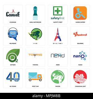 16 Einfache editierbare Ikonen wie kanadische Blatt, Elche, post Auto, 40 Jahre, nano, Mut, Helpdesk, Sauerstoff, Eiffelturm können für mobile verwendet werden. Stock Vektor