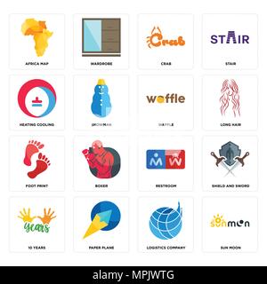 16 Einfache editierbare Ikonen wie Sun Moon, Logistikunternehmen, Paper Plane, 10 Jahre, Schild und Schwert, Afrika Karte, Heizung, Kühlung, Platzbedarf, Stock Vektor