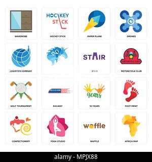 16 Einfache editierbare Ikonen wie Afrika Karte, Waffeln, Yoga Studio, Süßwaren, Foot Print, Kleiderschrank, Logistikunternehmen, Golfturnier, stai Stock Vektor