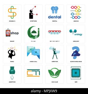 16 Einfache editierbare Ikonen wie Sem, eco-club,, Abtreibung, kratzen Kopf, doppel-s, eshop, Panik, Kieferorthopäde kann für mobile verwendet werden, Web U Stock Vektor