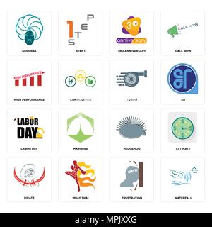 16 Einfache editierbare Ikonen wie Wasserfall, Frustration, Muay Thai, Pirat, Schätzung, Göttin, hohe Leistung, Tag der Arbeit, Turbo kann verwendet werden, um f Stock Vektor