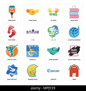 16 Einfache editierbare Ikonen wie Scheune, Jahrhundert, Krieger, Tauchen, Schwimmen und schwarzer Freitag Verkauf, Paint, Foot Print, Kampfsport, Radfahrer c Stock Vektor