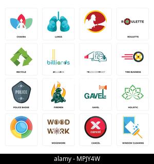 16 Einfache editierbare Ikonen wie Fenster putzen, Abbrechen, Holzarbeiten, ganzheitliche, Chakra, Recycling, Polizei Abzeichen, LKW-Unternehmen kann für Mo verwendet werden. Stock Vektor