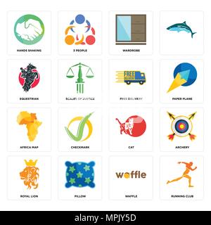 16 Einfache editierbare Symbole wie Running Club, Waffeln, Kissen, Royal Lion, Bogenschießen, Hände schütteln, Pferdesport, Afrika Karte, kostenlose Lieferung werden können Stock Vektor
