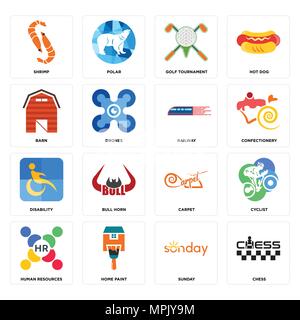 16 Einfache editierbare Ikonen wie Schach, Sonntag, zu Hause malen, Human Resources, Radfahrer, Garnelen, Scheune, Behinderung, Eisenbahn für mobile verwendet werden, Stock Vektor