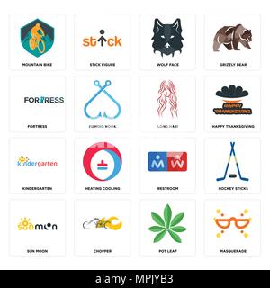 16 Einfache editierbare Ikonen wie Masquerade, pot Leaf, Häcksler, Sun Moon, Hockeyschläger, Mountainbike, Festung, Kindergarten, lange Haare können sich b Stock Vektor