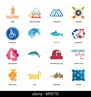 16 Einfache editierbare Ikonen wie Kissen, Bike Shop, Taxi, Royal Lion, Hockey Stick, Spike, Behinderte, Yoga Studio, Haie können für mobile verwendet werden. Stock Vektor