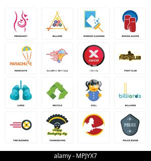 16 Einfache editierbare Ikonen wie Polizei Abzeichen,, Thanksgiving, Reifengeschäft, Billard, Schwangerschaft, Fallschirm, Lunge, Abbrechen kann für Mo verwendet werden. Stock Vektor