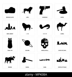 16 Einfache editierbare Ikonen wie Texas, Kuba, Hammer, Elche, Ohio, Boxhandschuh, New Jersey, Tank Top, Garnelen können für mobile, w verwendet werden Stock Vektor
