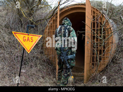 Mitglieder der CBRN-Recce Platoon, 54th Brigade Ingenieur Bataillon, 173Rd air Borne arbeiten mit dem Slowenischen CBRN-Dekontamination Einheit einer Höhle in der Nähe der simulierten Stadt Schwend während eines simulierten chemische Kontamination während der Alliierten Geist VI bei Joint Multinational Readiness Center, Hohenfels, Deutschland, 21. März 2017 suchen. Allied Geist VI ist eine 7th Army Training Befehl, U.S. Army Europe - Regie multinationale Übung. (U.S. Armee Foto von Sgt. William Frye). Stockfoto