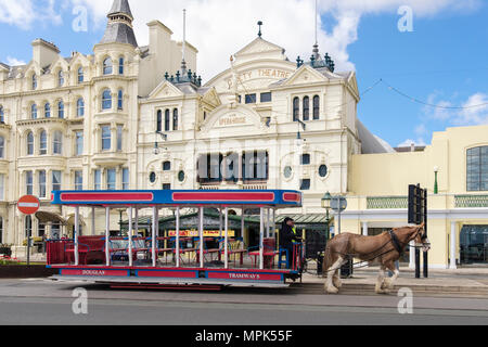 Pferd Straßenbahn vorbei an der Gaiety Theater und Oper. Harris Promenade, Douglas, Isle of Man, Britische Inseln Stockfoto