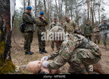 Grafenwöhr, Deutschland - Sehr geehrte Besucher aus der Bundeswehr Operative medizinische Unterstützung Befehl und 21 Theater Support Command beobachten ein Feld medizinische Demonstration während einer US-Armee Soldat bei der US-Armee Europa Experten Bereich Medizinische Abzeichen Bewertung in Grafenwöhr, Deutschland am 24. März 2017. Etwa 215 Kandidaten aus der US-Armee und zehn europäischen Partner Nationen nahmen an diesem alle zwei Jahre stattfindenden Bewertung in den Hoffnungen des Erzielens der begehrten US-Armee EFMB. (U.S. Air Force Foto von TSgt Brian Kimball) Stockfoto