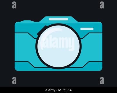 Blaue flache Kamera auf schwarzem Hintergrund isoliert. Vector Illustration Stock Vektor