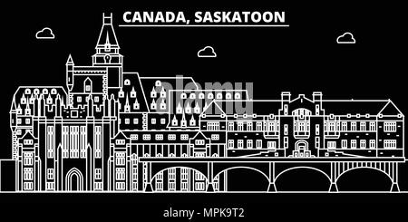 Saskatoon silhouette Skyline. Kanada - Saskatoon vektor Stadt, kanadische geradlinige Architektur, Gebäude. Saskatoon reisen Abbildung, umriss Wahrzeichen. Kanada Flachbild-Symbol, kanadische Linie banner Stock Vektor