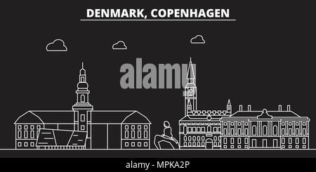 Kopenhagen silhouette Skyline. Dänemark - Kopenhagen vektor Stadt, dänische geradlinige Architektur, Gebäude. Kopenhagen reisen Abbildung, umriss Wahrzeichen. Dänemark Flachbild-Symbol, dänische Linie banner Stock Vektor