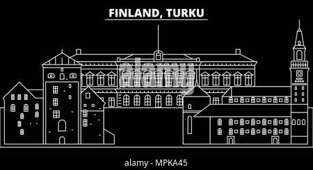 Turku silhouette Skyline. Finnland - Turku vektor Stadt, Finnische geradlinige Architektur, Gebäude. Turku reisen Abbildung, umriss Wahrzeichen. Finnland Flachbild-Symbol, finnische Linie banner Stock Vektor