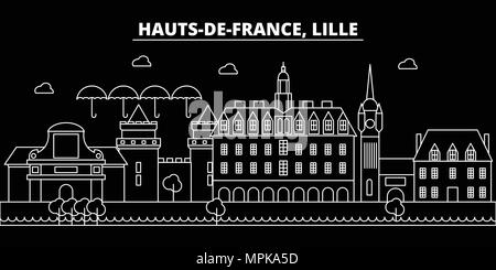 Lille silhouette Skyline. Frankreich - Lille vektor Stadt, Französisch geradlinige Architektur, Gebäude. Lille reisen Abbildung, umriss Wahrzeichen. Frankreich Flachbild-Symbol, French Line banner Stock Vektor