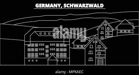 Schwarzwald silhouette Skyline. Deutschland - Schwarzwald vektor Stadt, Deutsche geradlinige Architektur, Gebäude. Schwarzwald reisen Abbildung, umriss Wahrzeichen. Deutschland Wohnung Symbol, deutschen Banner Stock Vektor