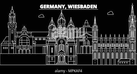 Wiesbaden silhouette Skyline. Deutschland - Wiesbaden vektor Stadt, Deutsche geradlinige Architektur, Gebäude. Wiesbaden reisen Abbildung, umriss Wahrzeichen. Deutschland Wohnung Symbol, deutschen Banner Stock Vektor