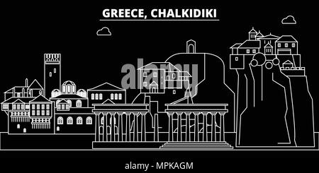 Chalkidiki silhouette Skyline. Griechenland - Chalkidiki vektor Stadt, griechische geradlinige Architektur, Gebäude. Chalkidiki reisen Abbildung, umriss Wahrzeichen. Griechenland flachbild Symbol griechischer Leitung banner Stock Vektor