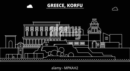 Korfu silhouette Skyline. Griechenland - Korfu vektor Stadt, griechische geradlinige Architektur, Gebäude. Korfu reisen Abbildung, umriss Wahrzeichen. Griechenland flachbild Symbol griechischer Leitung banner Stock Vektor