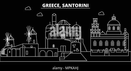 Santorini silhouette Skyline. Griechenland - Santorini vektor Stadt, griechische geradlinige Architektur, Gebäude. Santorini reisen Abbildung, umriss Wahrzeichen. Griechenland flachbild Symbol griechischer Leitung banner Stock Vektor