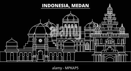 Medan silhouette Skyline. Indonesien - Medan vektor Stadt, indonesische geradlinige Architektur, Gebäude. Medan reisen Abbildung, umriss Wahrzeichen. Indonesien Flachbild-Symbol, indonesische Linie banner Stock Vektor