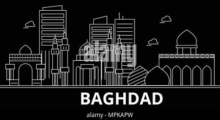 Bagdad silhouette Skyline. Irak - Bagdad vektor Stadt, irakische geradlinige Architektur, Gebäude. Bagdad reisen Abbildung, umriss Wahrzeichen. Irak Flachbild-Symbol, irakische Linie banner Stock Vektor