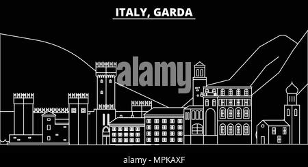 Gardasee silhouette Skyline. Italien - Gardasee vektor Stadt, den italienischen geradlinige Architektur, Gebäude. Gardasee reisen Abbildung, umriss Wahrzeichen. Italien flache Symbol, Italienisch online banner Stock Vektor