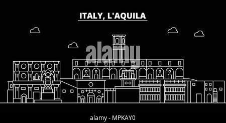 LAquila silhouette Skyline. Italien - LAquila Vektor Stadt, den italienischen geradlinige Architektur, Gebäude. LAquila reisen Abbildung, umriss Wahrzeichen. Italien flache Symbol, Italienisch online banner Stock Vektor