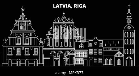 Riga silhouette Skyline. Lettland - Riga, der lettischen Stadt Vector Linear Architektur, Gebäude. Riga reisen Abbildung, umriss Wahrzeichen. Lettland Flachbild-Symbol, lettisch Linie banner Stock Vektor