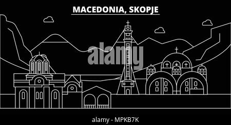 Skopje silhouette Skyline. Mazedonien - Skopje vektor Stadt, Mazedonisch, geradlinige Architektur, Gebäude. Skopje reisen Abbildung, umriss Wahrzeichen. Mazedonien Flachbild-Symbol, Mazedonisch Linie banner Stock Vektor