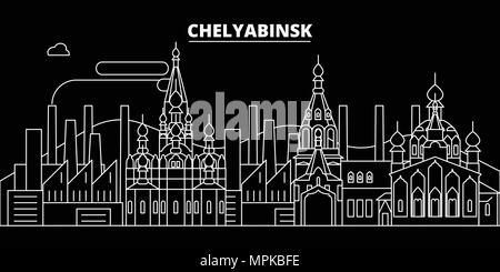 Tscheljabinsk silhouette Skyline. Russland - Vektor Stadt Tscheljabinsk, Russische geradlinige Architektur, Gebäude. Tscheljabinsk reisen Abbildung, umriss Wahrzeichen. Russland Flachbild-Symbol, russische Linie banner Stock Vektor