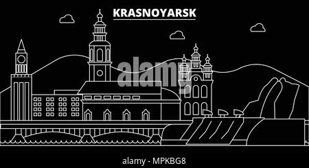 Krasnojarsk silhouette Skyline. Russland - Vektor Stadt Krasnojarsk, Russische geradlinige Architektur, Gebäude. Krasnojarsk reisen Abbildung, umriss Wahrzeichen. Russland Flachbild-Symbol, russische Linie banner Stock Vektor