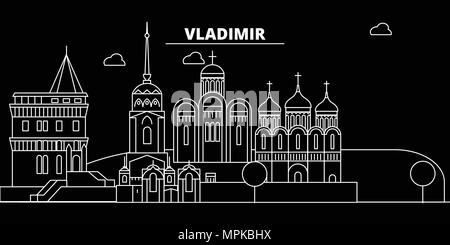 Vladimir silhouette Skyline. Russland - Vladimir vektor Stadt, Russische geradlinige Architektur, Gebäude. Vladimir reisen Abbildung, umriss Wahrzeichen. Russland Flachbild-Symbol, russische Linie banner Stock Vektor