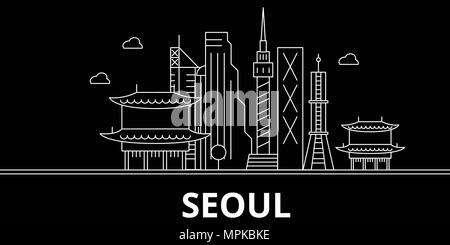 Seoul silhouette Skyline. Südkorea - Seoul vektor Stadt, Koreanisch geradlinige Architektur, Gebäude. Seoul reisen Abbildung, umriss Wahrzeichen. Südkorea Flachbild-Symbol, koreanisch Linie banner Stock Vektor