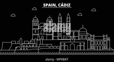 Cadiz silhouette Skyline. Spanien - Cádiz vektor Stadt, Spanisch geradlinige Architektur, Gebäude. Cadiz reisen Abbildung, umriss Wahrzeichen. Spanien, Spanische Fahne Stock Vektor