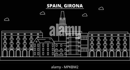 Girona silhouette Skyline. Spanien - Girona vektor Stadt, Spanisch geradlinige Architektur, Gebäude. Girona reisen Abbildung, umriss Wahrzeichen. Spanien, Spanische Fahne Stock Vektor