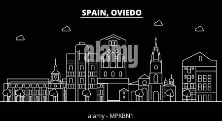 Oviedo silhouette Skyline. Spanien - Oviedo vektor Stadt, Spanisch geradlinige Architektur, Gebäude. Oviedo reisen Abbildung, umriss Wahrzeichen. Spanien, Spanische Fahne Stock Vektor