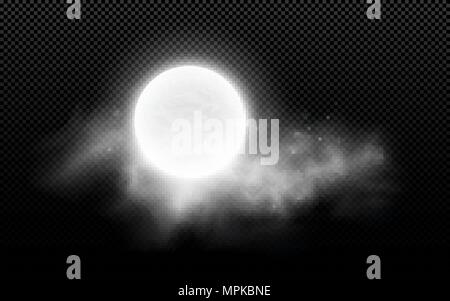 Realistische Vollmond mit Wolken auf einem transparenten Hintergrund isoliert. Sternenhimmel cloud. Dunkle Nacht. Glühende Milch Mond. Vector Illustration. EPS 10. Stock Vektor