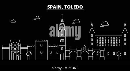 Toledo silhouette Skyline. Spanien - Toledo vektor Stadt, Spanisch geradlinige Architektur, Gebäude. Toledo reisen Abbildung, umriss Wahrzeichen. Spanien, Spanische Fahne Stock Vektor