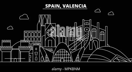 Valencia silhouette Skyline. Spanien - Valencia vektor Stadt, Spanisch geradlinige Architektur, Gebäude. Valencia reisen Abbildung, umriss Wahrzeichen. Spanien, Spanische Fahne Stock Vektor