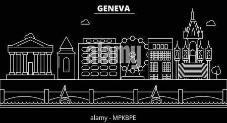 Genf silhouette Skyline. Schweiz - Genf vektor Stadt, Schweizer geradlinige Architektur, Gebäude. Genf reisen Abbildung, umriss Wahrzeichen. Schweiz Flachbild-Symbol, Swiss line Banner Stock Vektor