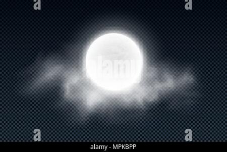 Realistische Vollmond mit Wolken auf einem transparenten Hintergrund isoliert. Weißer Nebel. Dunkle Nacht. Glühende Milch Mond. Vector Illustration. EPS 10. Stock Vektor