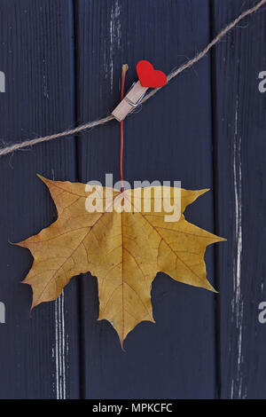 Herbst Ahorn Blatt auf eine Wäscheleine. schwarze Zaun Stockfoto