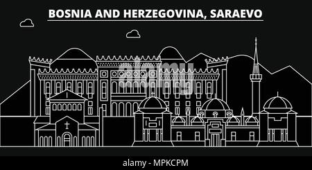 Saraevo silhouette Skyline. Bosnien und Herzegowina - Saraevo vektor Stadt, Bosnisch geradlinige Architektur, Gebäude. Saraevo reisen Abbildung, umriss Wahrzeichen. Bosnien und Herzegowina Flachbild-Symbol, s Stock Vektor